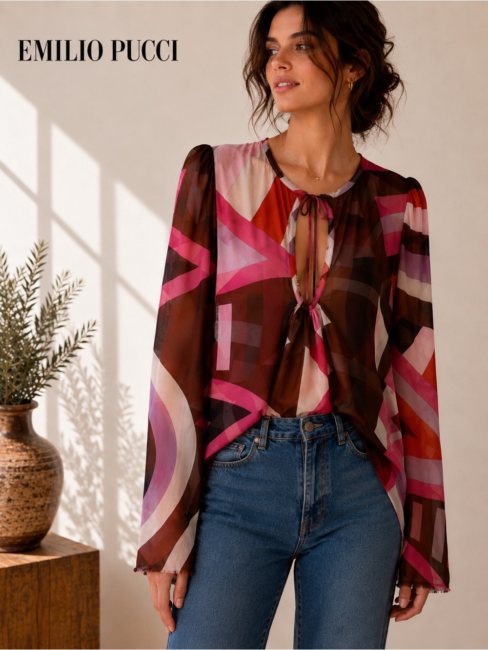 Emilio Pucci Silk Sheer Blouse Geometric Print Tie Neck Style |  IT 40 (US 4-6)